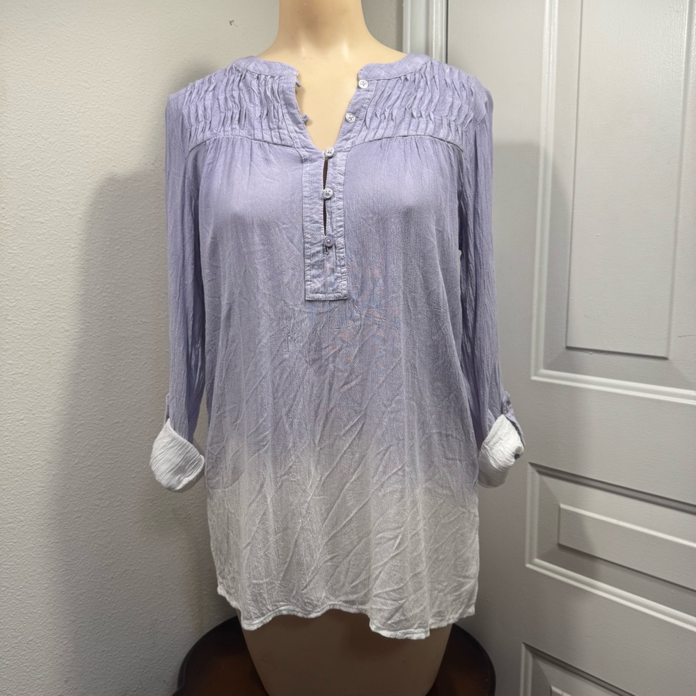 Bandolino Womens Top Crinkled Tunic Button Front Purple/White Size S